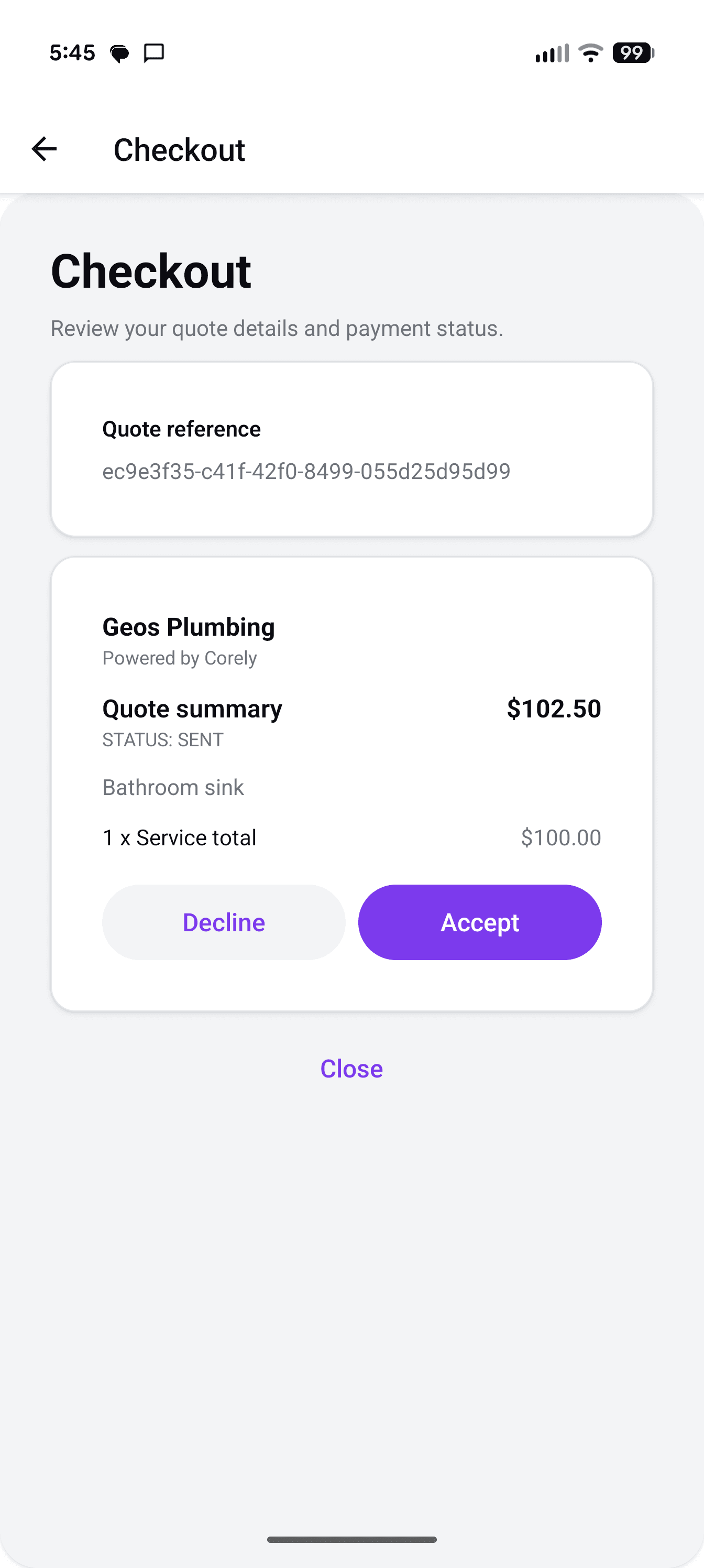 Corely Connect checkout screen