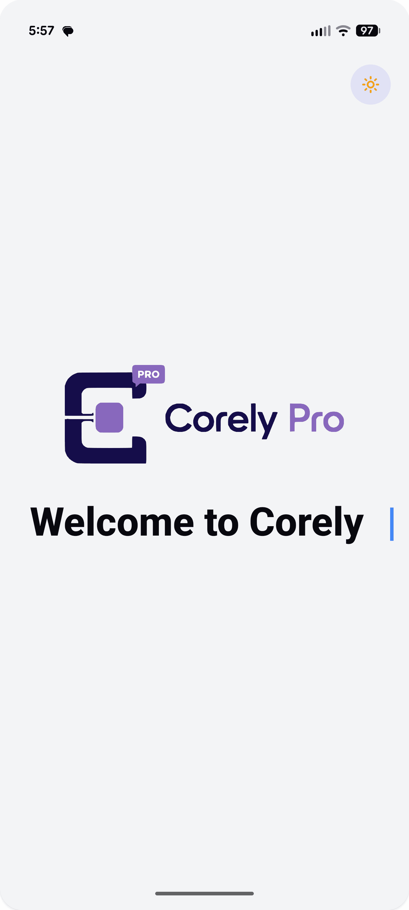 Corely Pro welcome screen