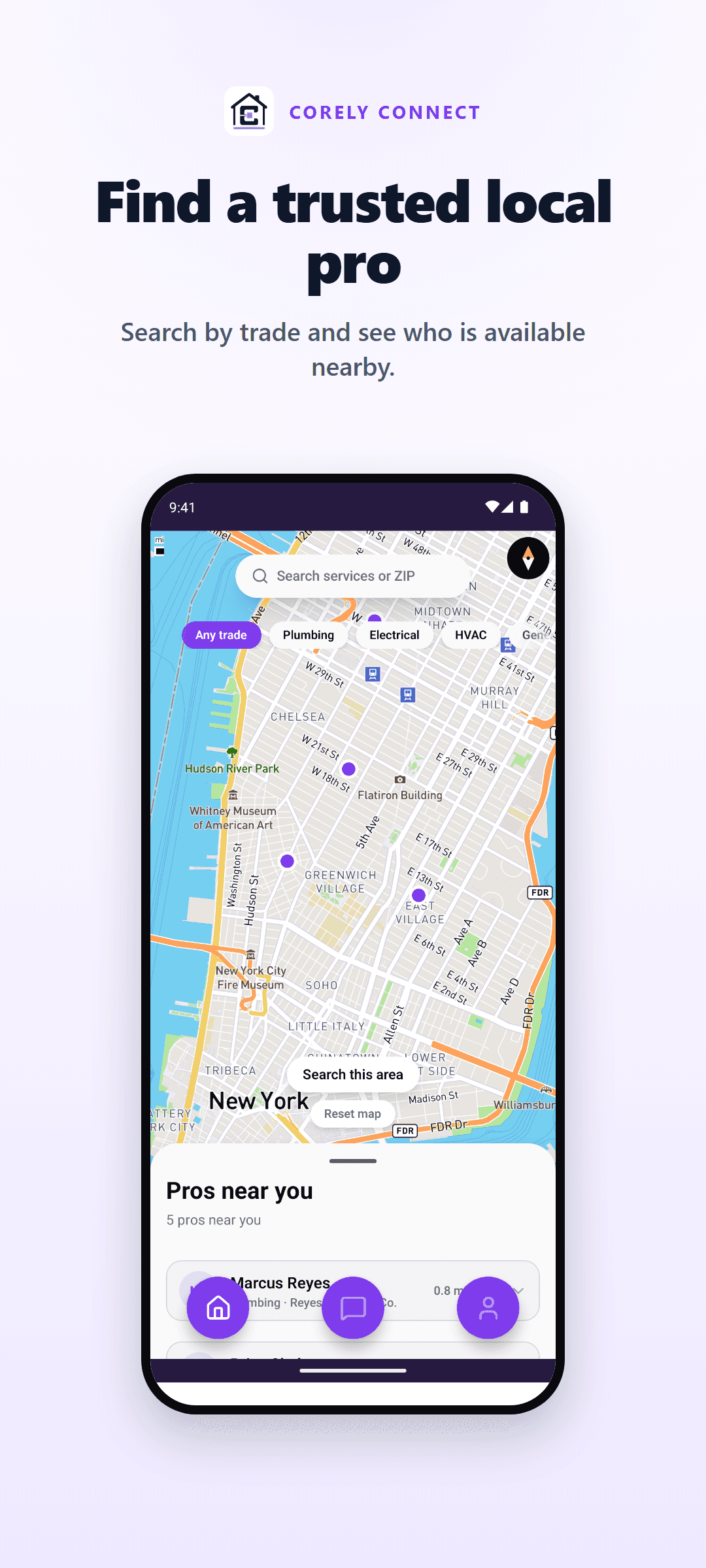 Corely Connect marketing graphic showing local service discovery