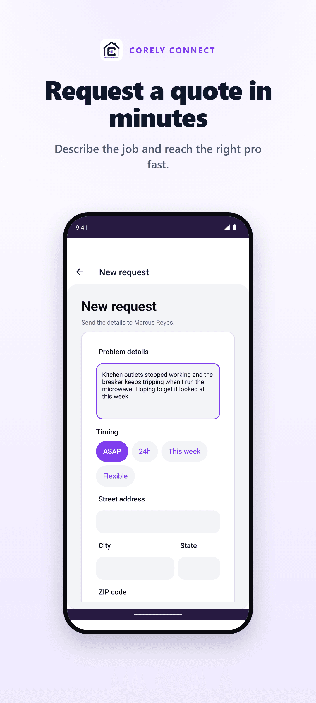 Corely Connect marketing graphic showing a service request