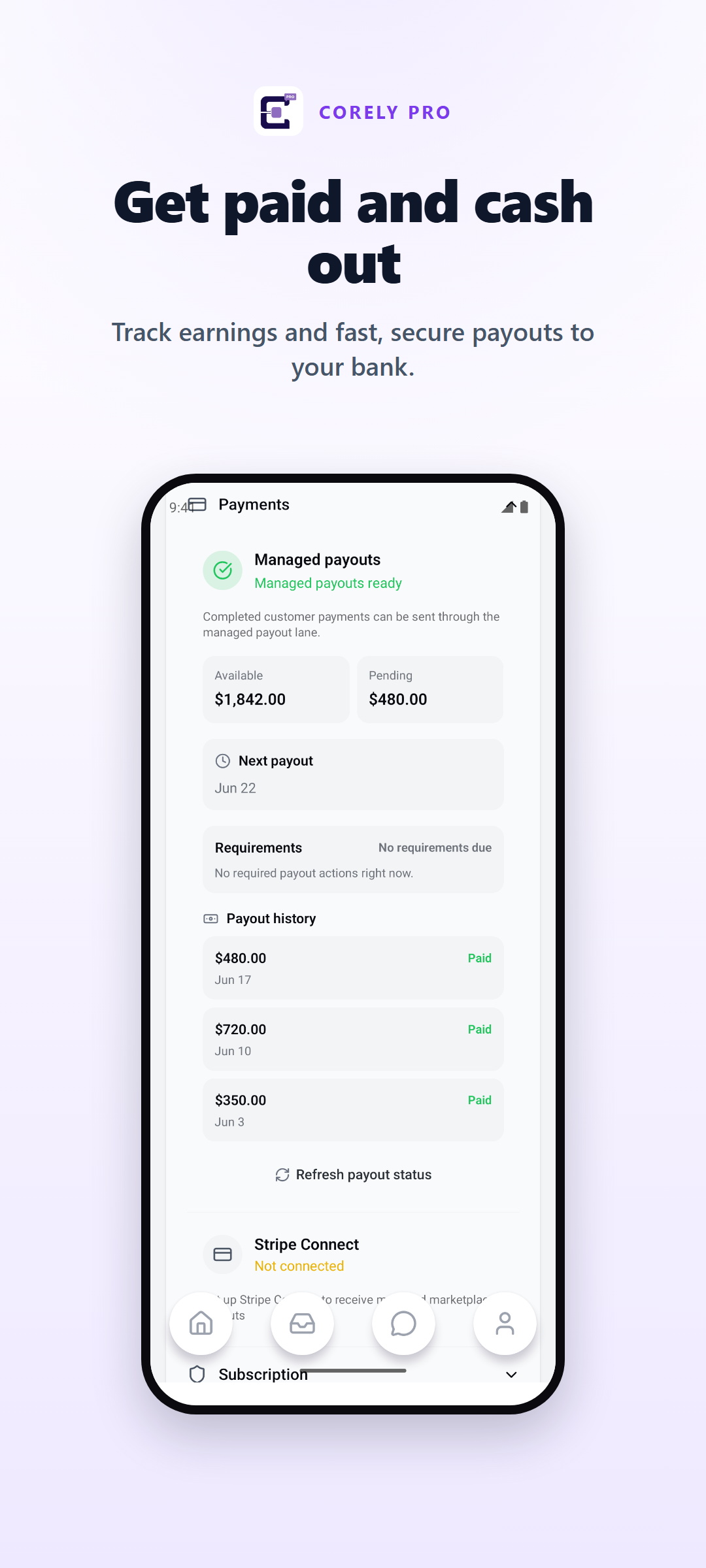Corely Pro home screen showing collected amount